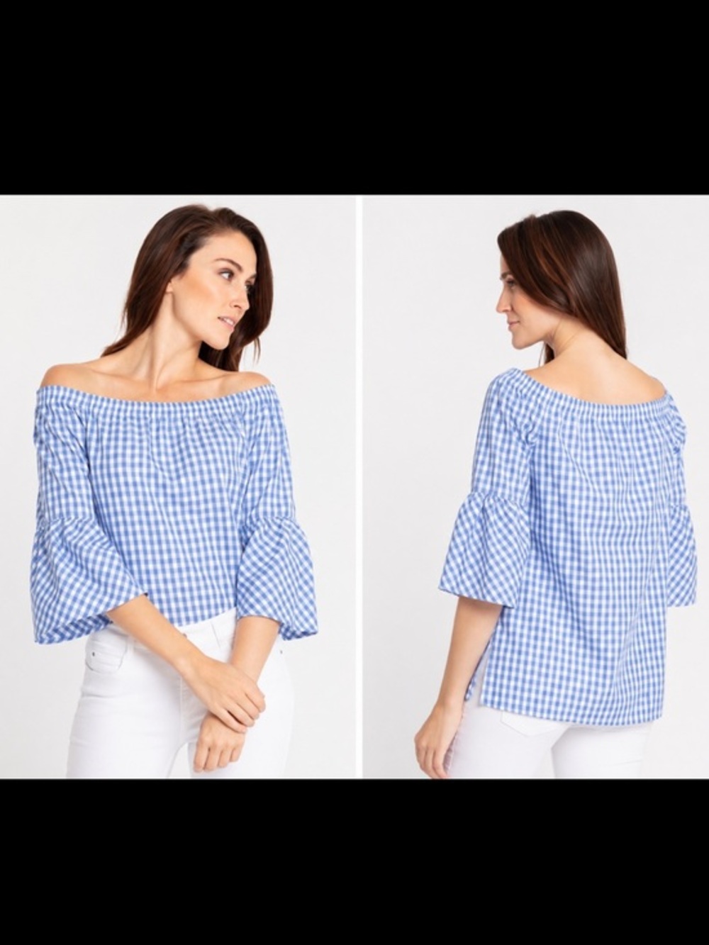 Hinson Wu Lena Blue & White Gingham Off Shoulder Bell Sleeve Blouse NWT